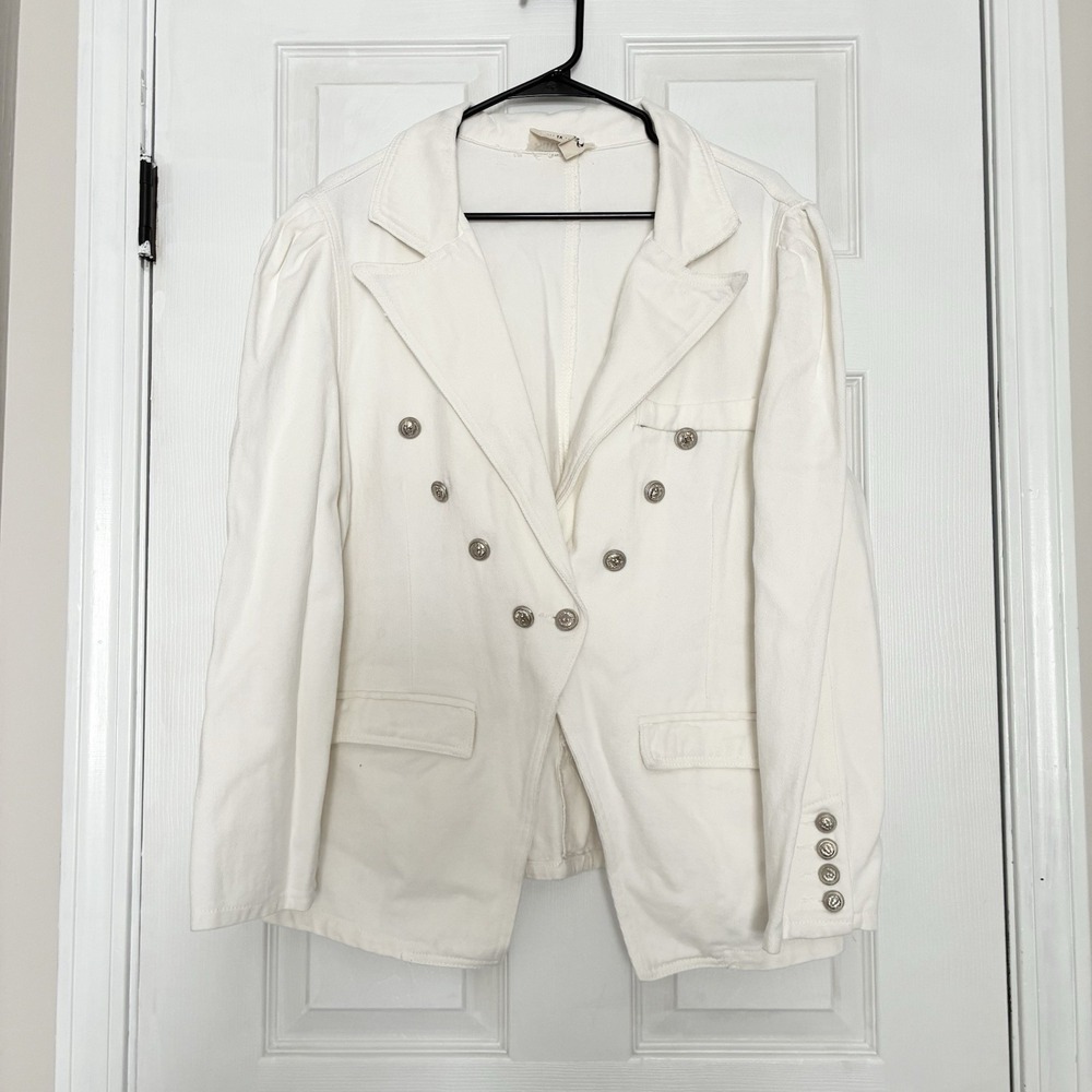 Savanna Jane White Silver Crest Buttons Preppy Academia Denim Jean Jacket 1X